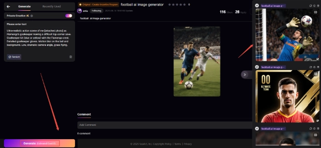 Interfaces for Creating Football Images on SeaArt AI