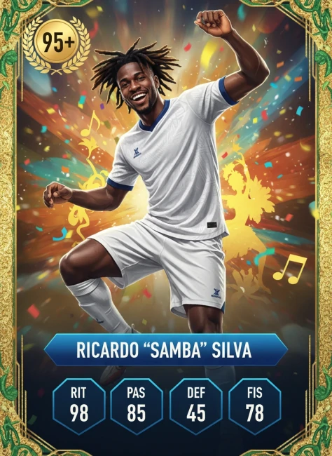 Card estilo Vini Jr com pose sorridente e vibração energética