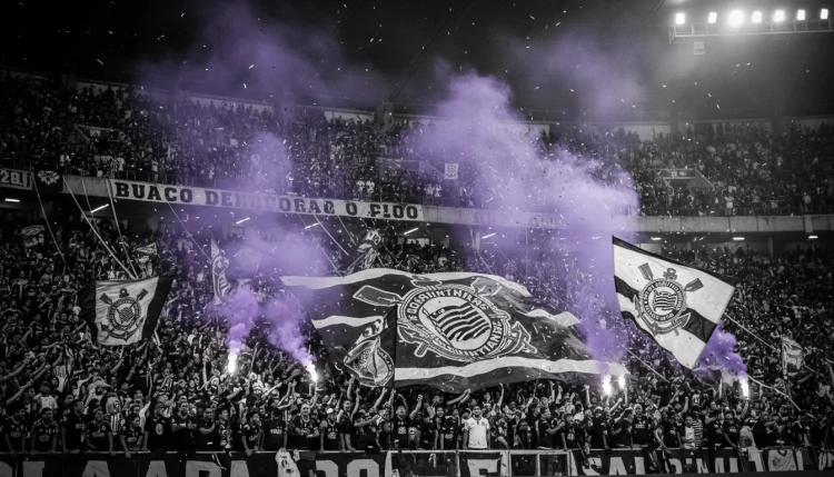 Fotografia preto e branco da torcida do Corinthians