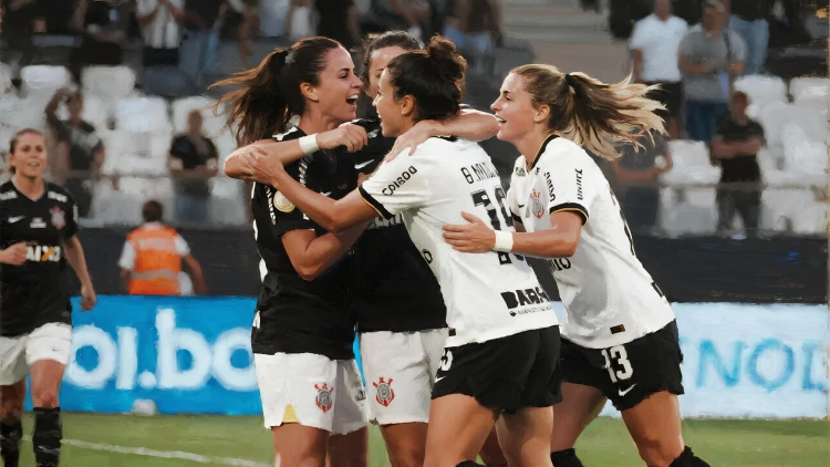 Pintura a óleo dramática retratando o time feminino do Corinthians