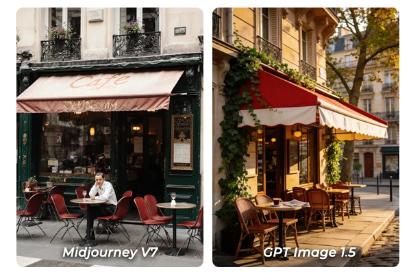 Midjourney V7 generated image of Parisian cafe with black and white facade, outdoor seating, and person at table