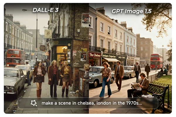 DALL-E 3 vs GPT Image 1.5 comparison - 1970s London Chelsea street scene