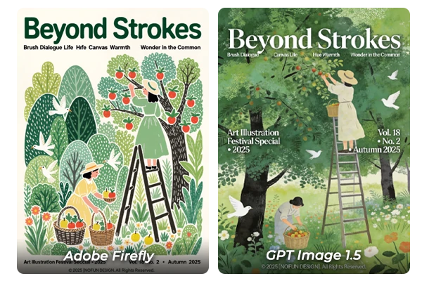 Adobe Firefly vs GPT Image 1.5 comparison - Artistic illustration style of orchard harvest scene