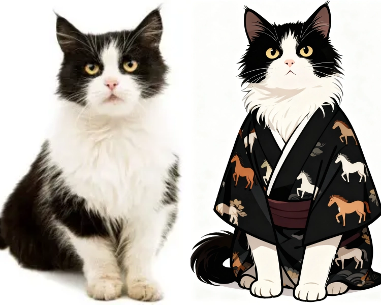 愛猫が馬の模様の着物を着る年賀状素材