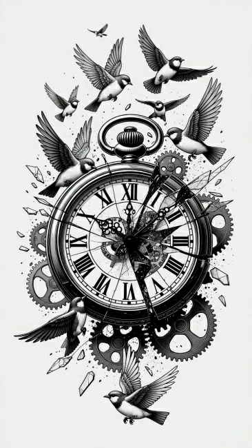 Tatuagem surrealista de relógio e pássaros sobre o tempo