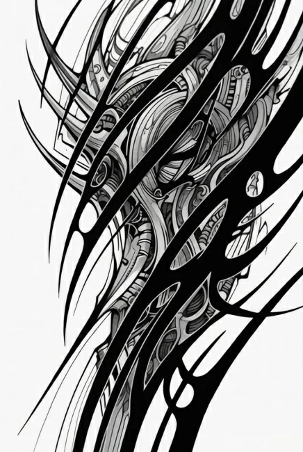 Tatuagem neo-tribal futurista com linhas agressivas