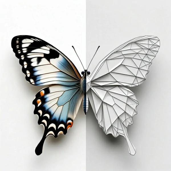 Tatuagem de borboleta geométrica e realista híbrida