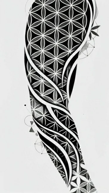 Tatuagem manga de geometria sagrada e pontilhismo