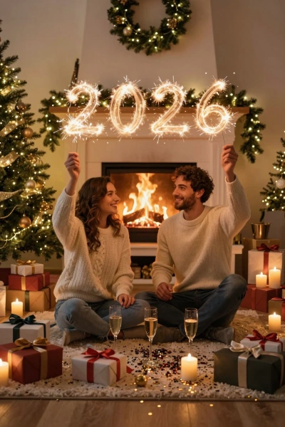 Cozy couple in front of the fireplace