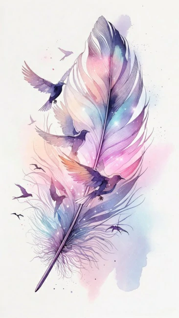 Tatuagem de pena virando pássaros em aquarela pastel