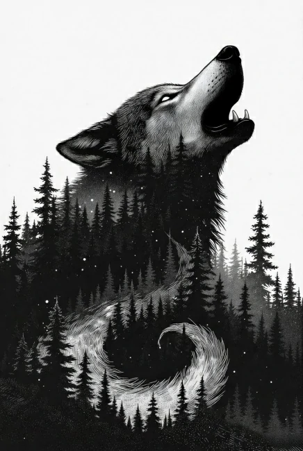 Tatuagem blackwork de floresta e lobo com espaço negativo