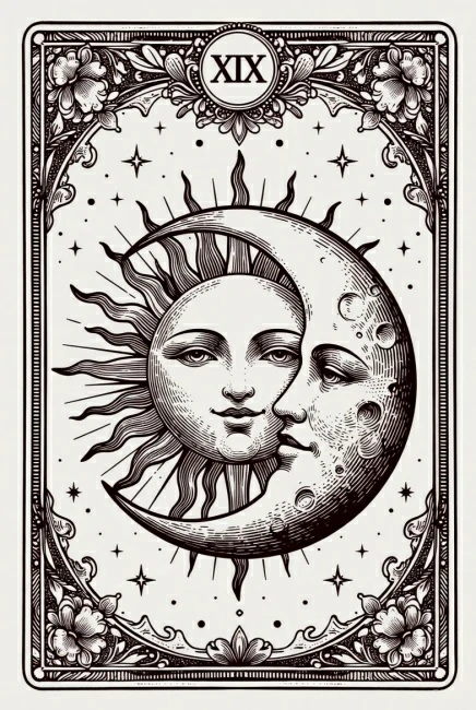 Tatuagem de casal sol e lua estilo cartas de tarot