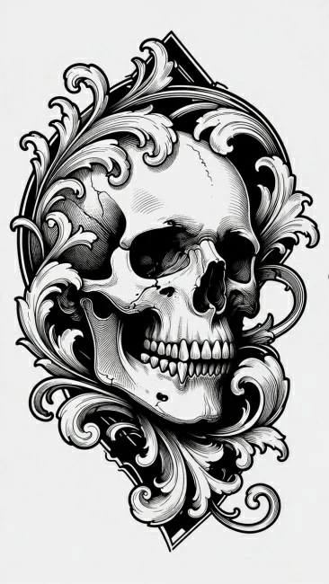 Tatuagem de caveira estilo barroco woodcut
