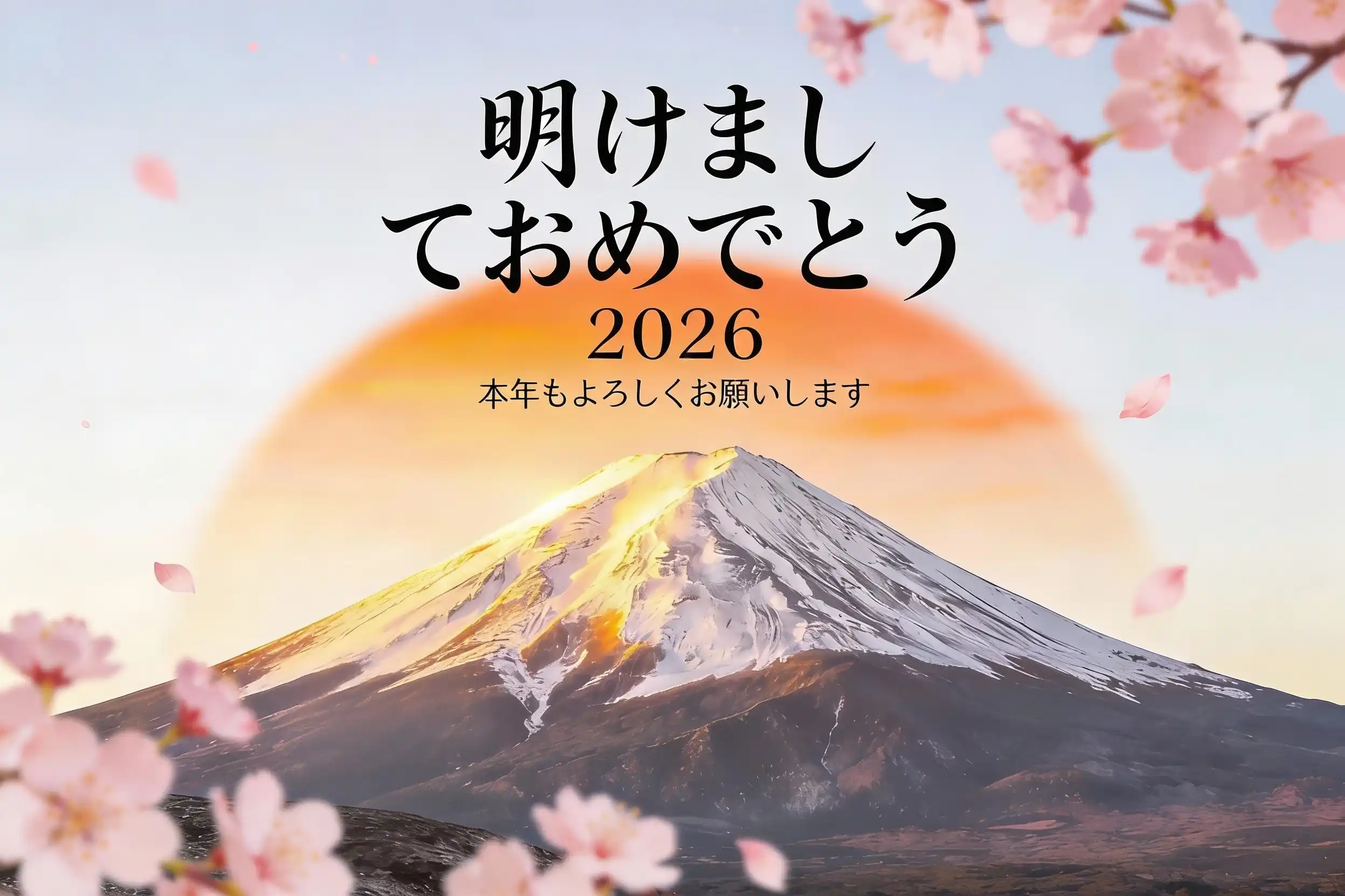 Japanese New Year Greeting Card With Mount Fuji Sunrise and Kadomatsu Decoration