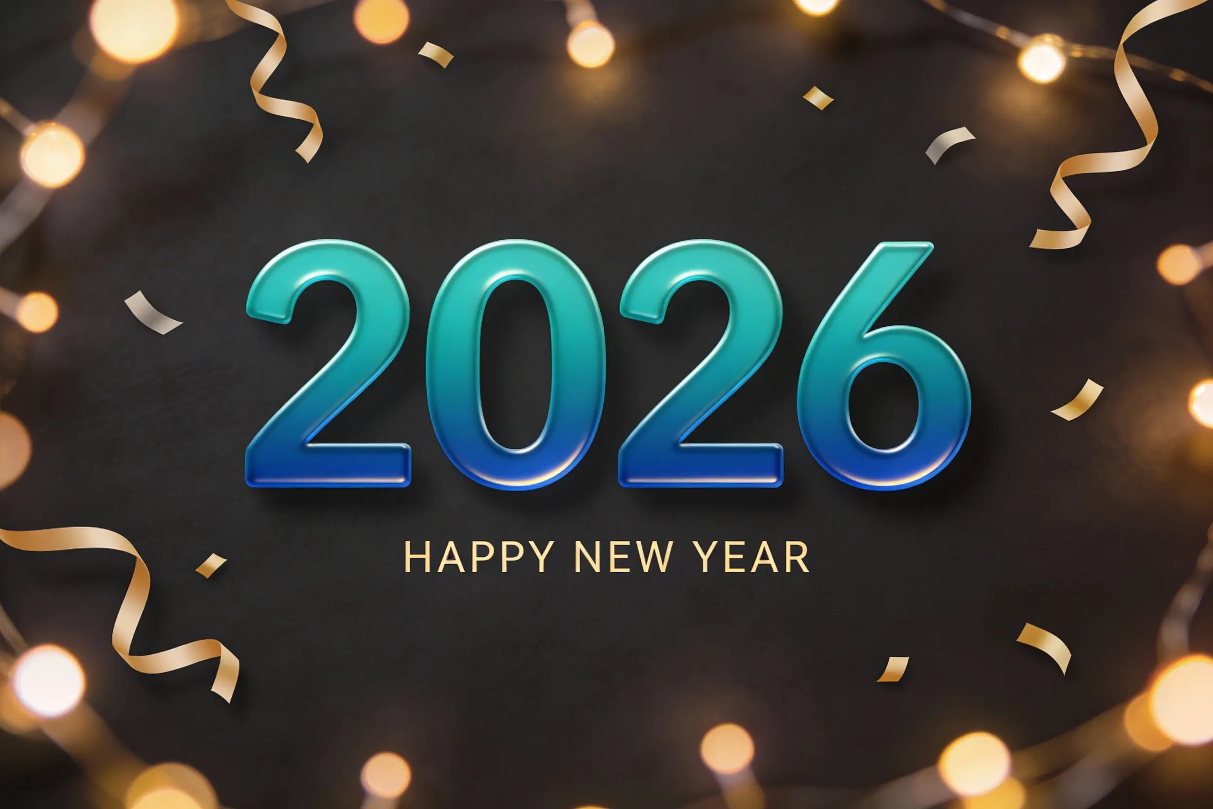 2026 Happy New Year greeting card cover with teal blue 3D numbers, warm string lights bokeh, and gold confetti on dark background