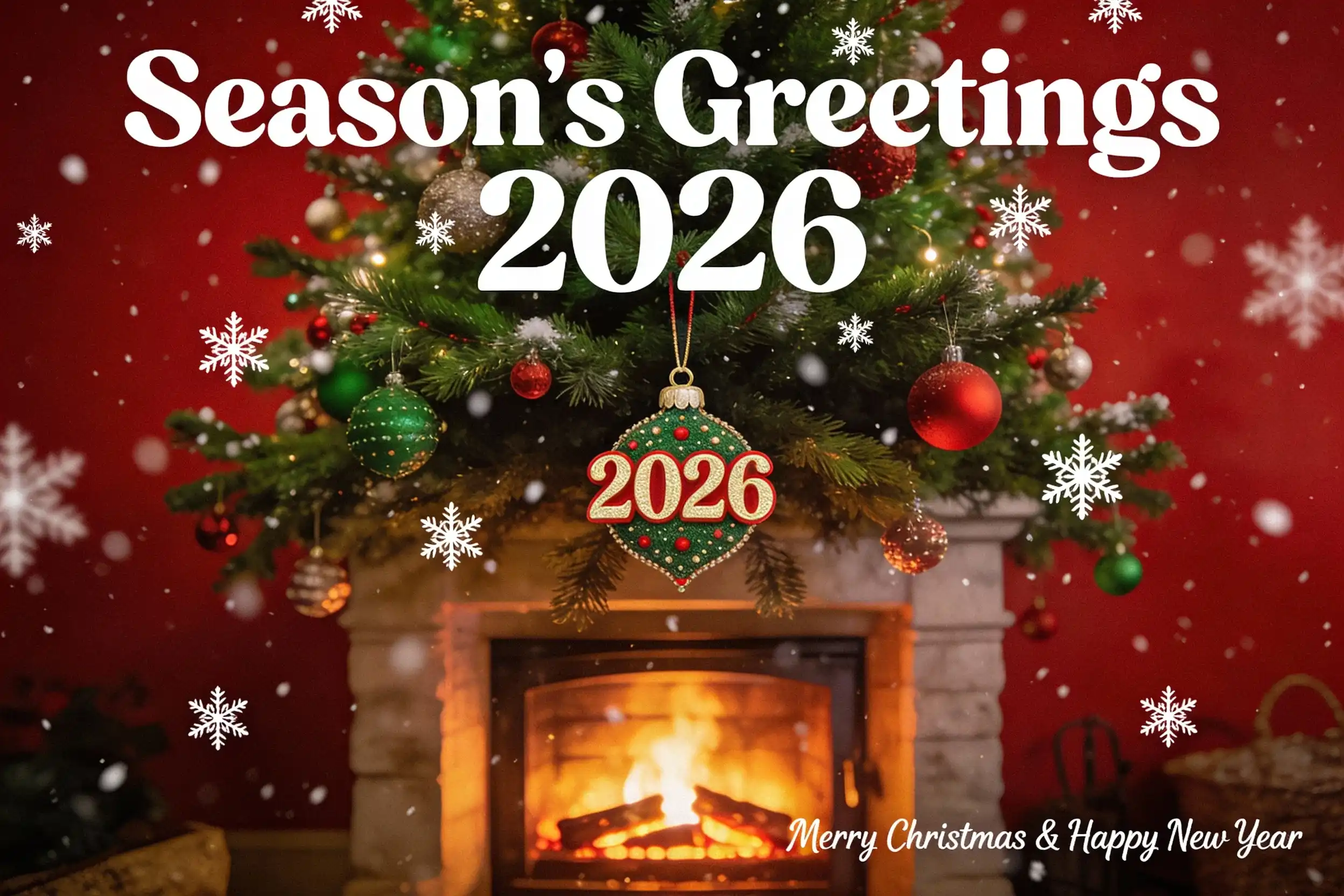 Christmas and New Year Greeting Card With Holiday Tree and 2026 Ornament