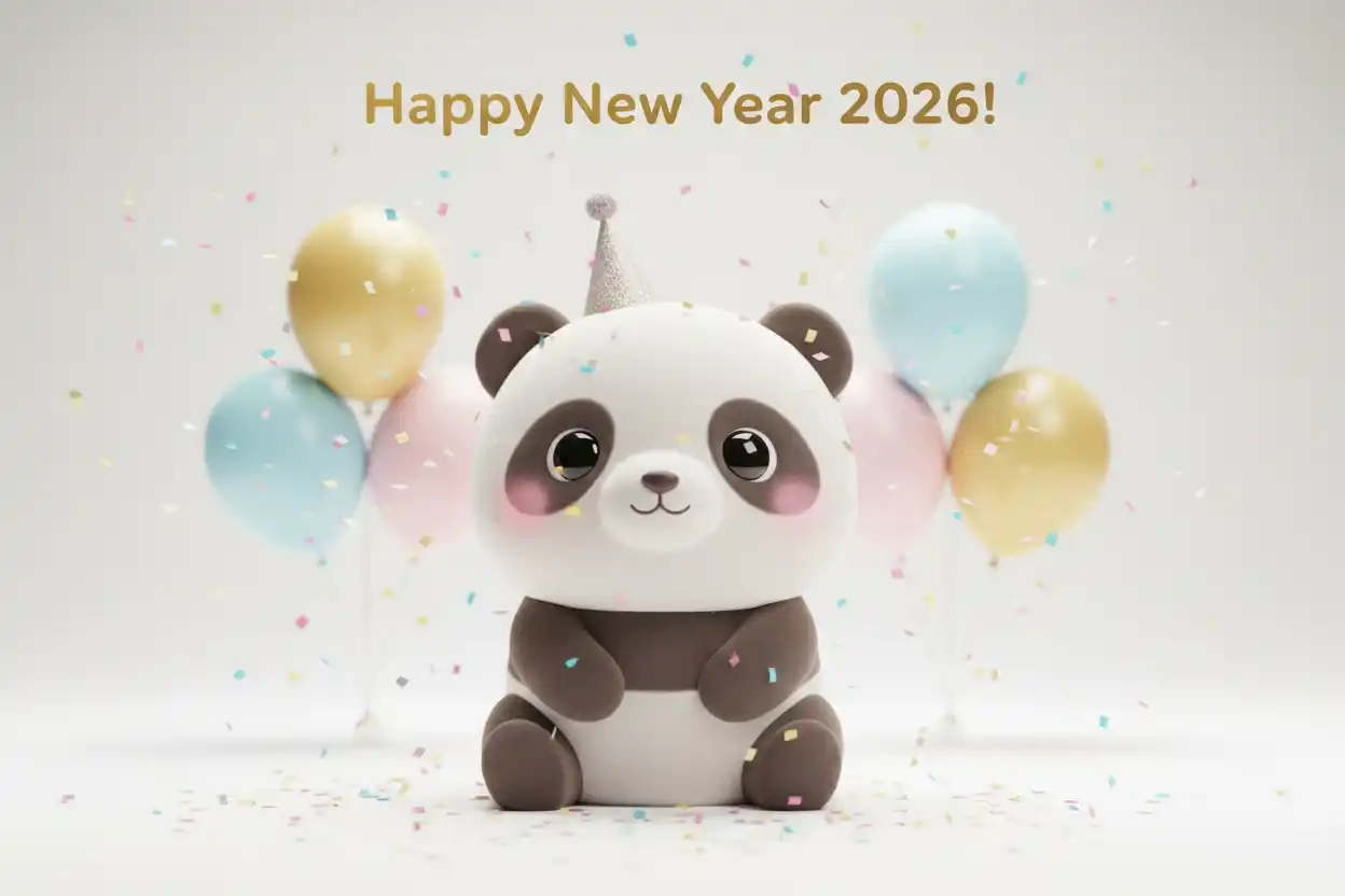 Soft 3D Toy Panda New Year Greeting Card With Kawaii Panda, Confetti, and Balloons