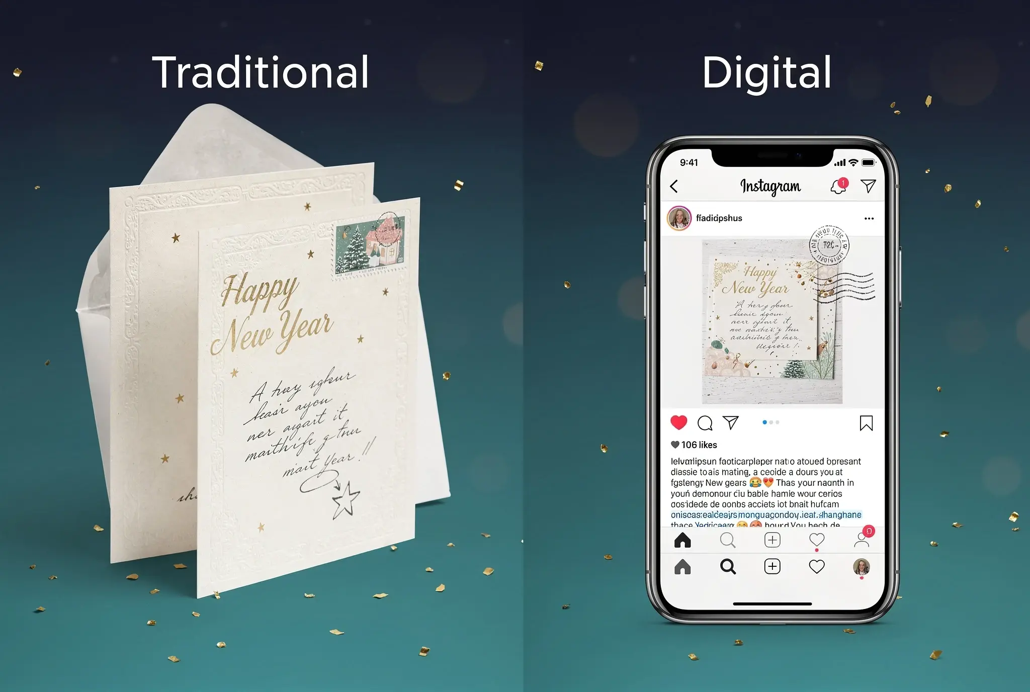 Traditional vs digital New Year greeting cards