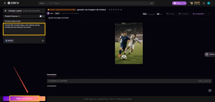 interface de criar arte de futebol com o gerador de imagens do SeaArt