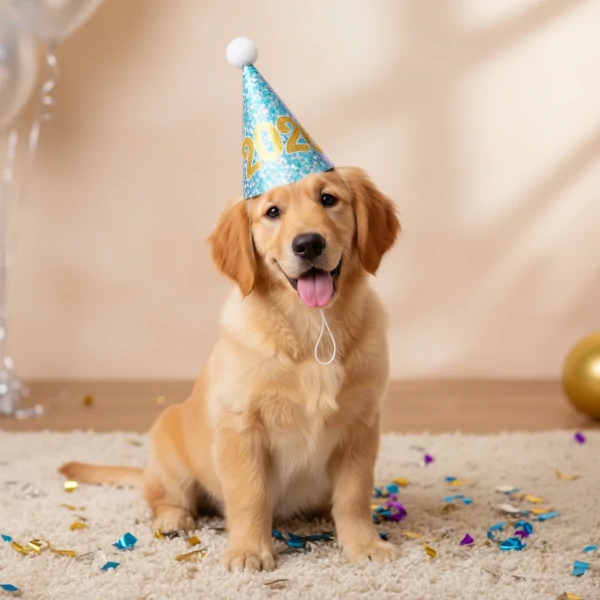 Cachorro usando chapéu de festa de 2026