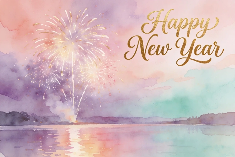 Feliz ano novo foto em aquarela com fogos de artifício