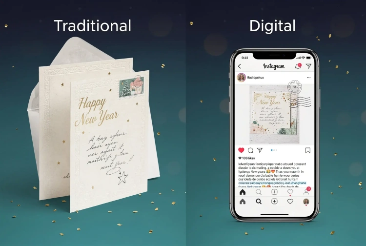 Cartões de Ano Novo tradicionais vs digitais