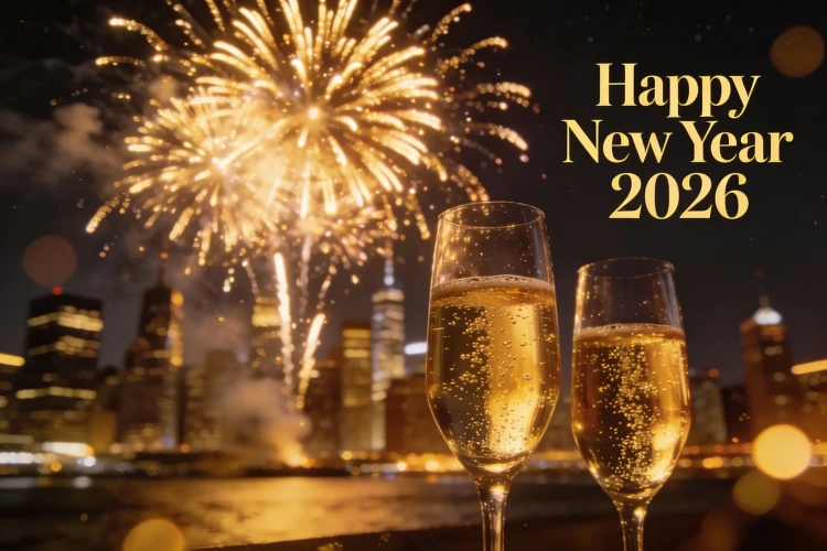 Imagem de cartão de ano novo com fogos de artifício à meia-noite