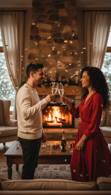 Casal brindando com champanhe para vídeo de ano novo