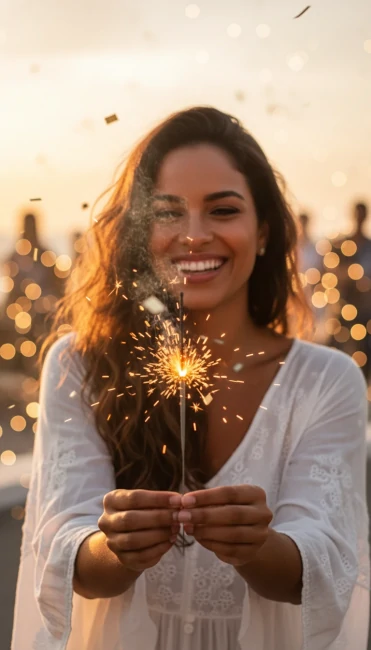 Retrato de mulher segurando vela mágica para o Ano Novo 2026