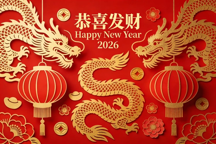 Imagem de cartão de Ano Novo Chinês com lanternas vermelhas e ilustração de dragão dourado