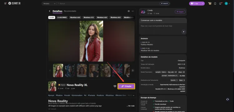 Escolha do modelo ou estilo dos personagens femininos no SeaArt