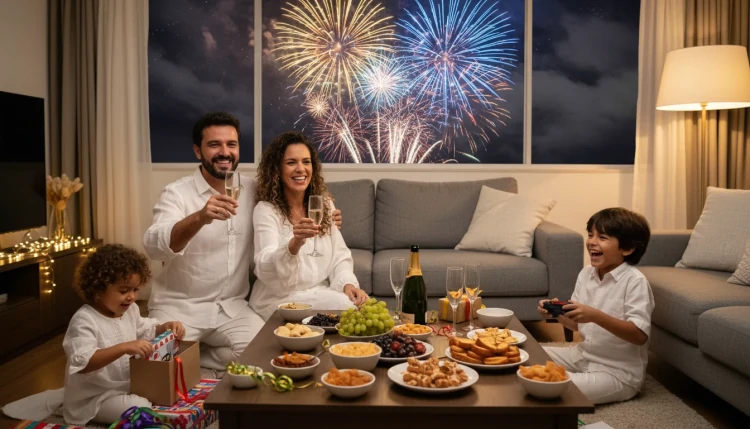 Reunião familiar de Ano Novo com roupas brancas e fogos
