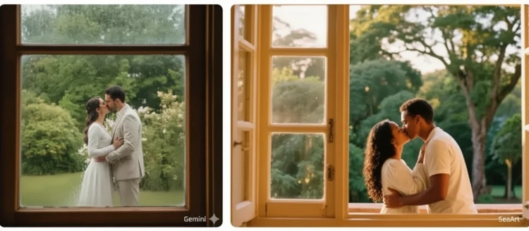 Casal se beijando visto pela janela