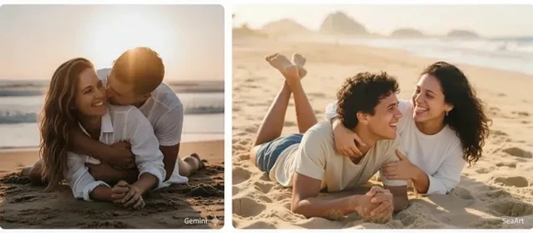 Casal brincando e se abraçando na areia da praia