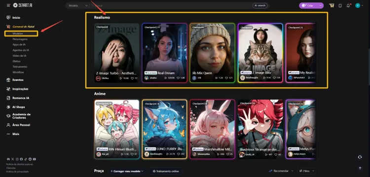 Interfaces de criar mulher articifial com o SeaArt AI