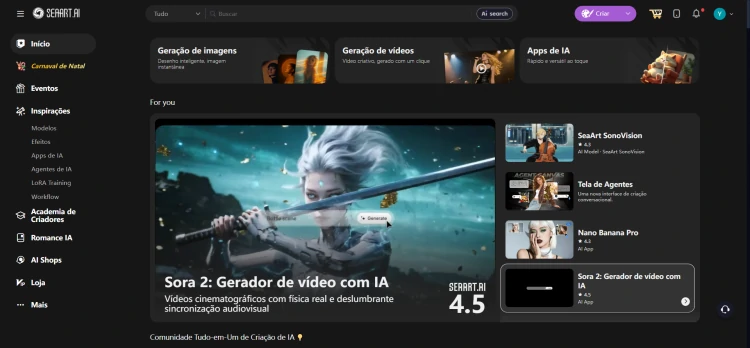 interfaces criação de vídeos e personagens de IA do SeaArt