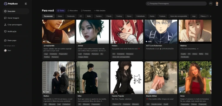 Descobrir chat IA personagens do Polybuzz AI