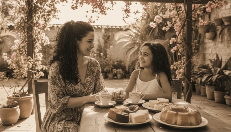 Mãe e filha tomando café da tarde no jardim