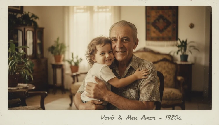 Avô abraçando neto em estilo foto Polaroid vintage