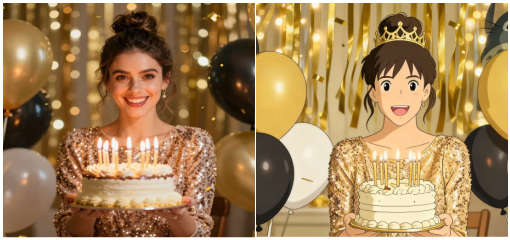 Before and after comparison of transforming a girl photo into ghibli style with AI