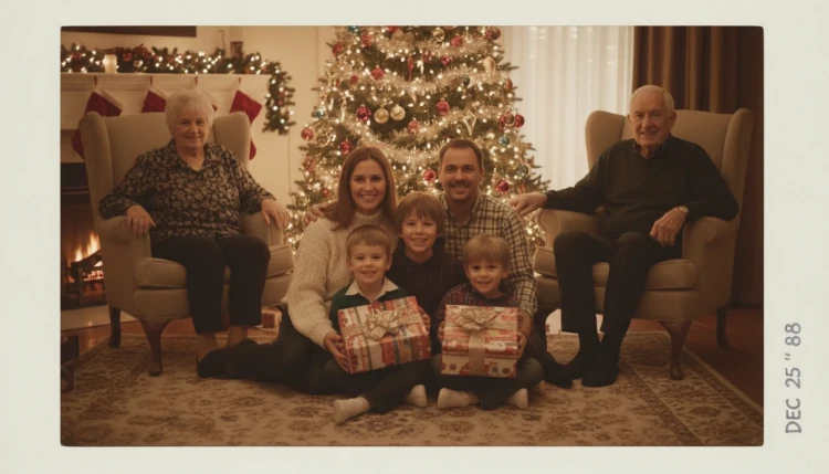 Ensaio fotográfico de família no Natal com decoração festiva