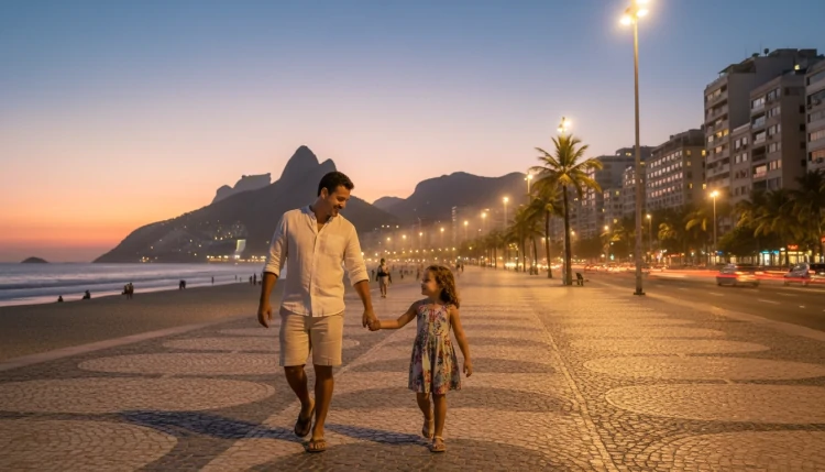 Pai e filha passeando no Rio de Janeiro ao entardecer