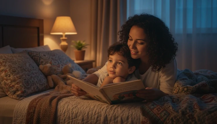 Mãe lendo histórias para o filho antes de dormir