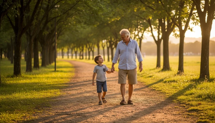 Avô e neto caminhando de mãos dadas no parque