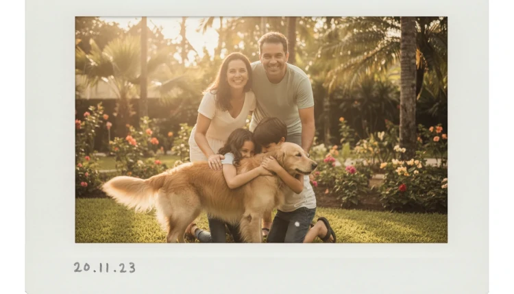 Família completa posando com cachorro no jardim