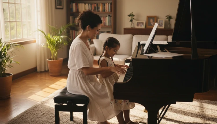 Mãe ensinando filha a tocar piano na sala