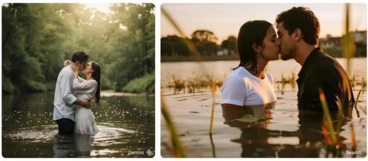 Casal se beijando na água de rio ou lago