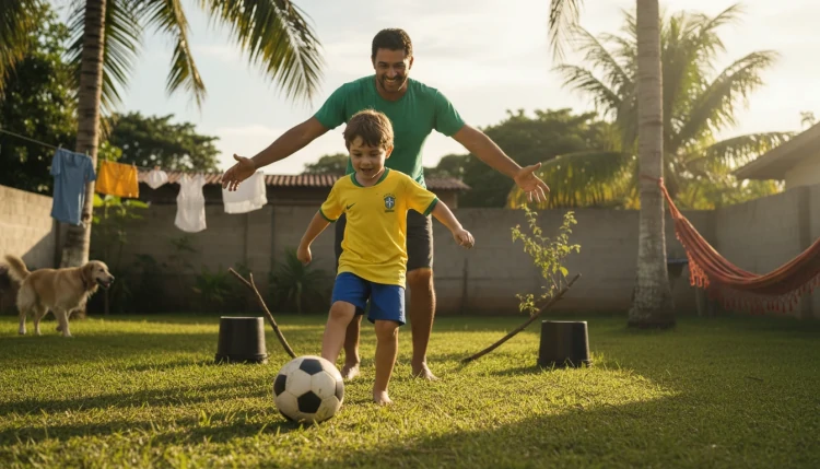 Pai e filho praticando esportes no quintal de casa