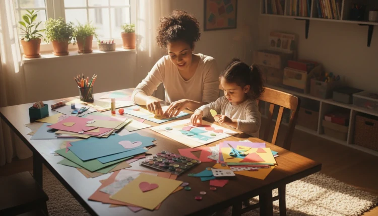Mãe e filha fazendo artesanato com luz natural