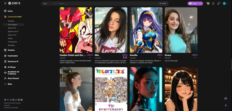 interfaces dos personagens de IA do SeaArt